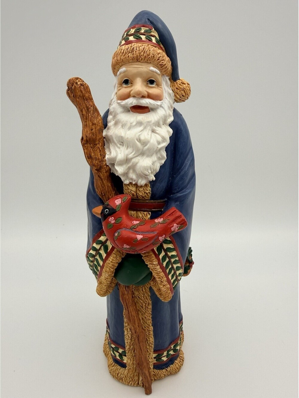CHRISTMAS SANTA FIGURINE HOLDING CARDINAL HANDPAINTED 2012 8” Tall